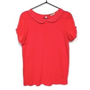 Jack Wills Short Sleeve Lace Collar Tee Shirt Top Preppy Pink / Red 6